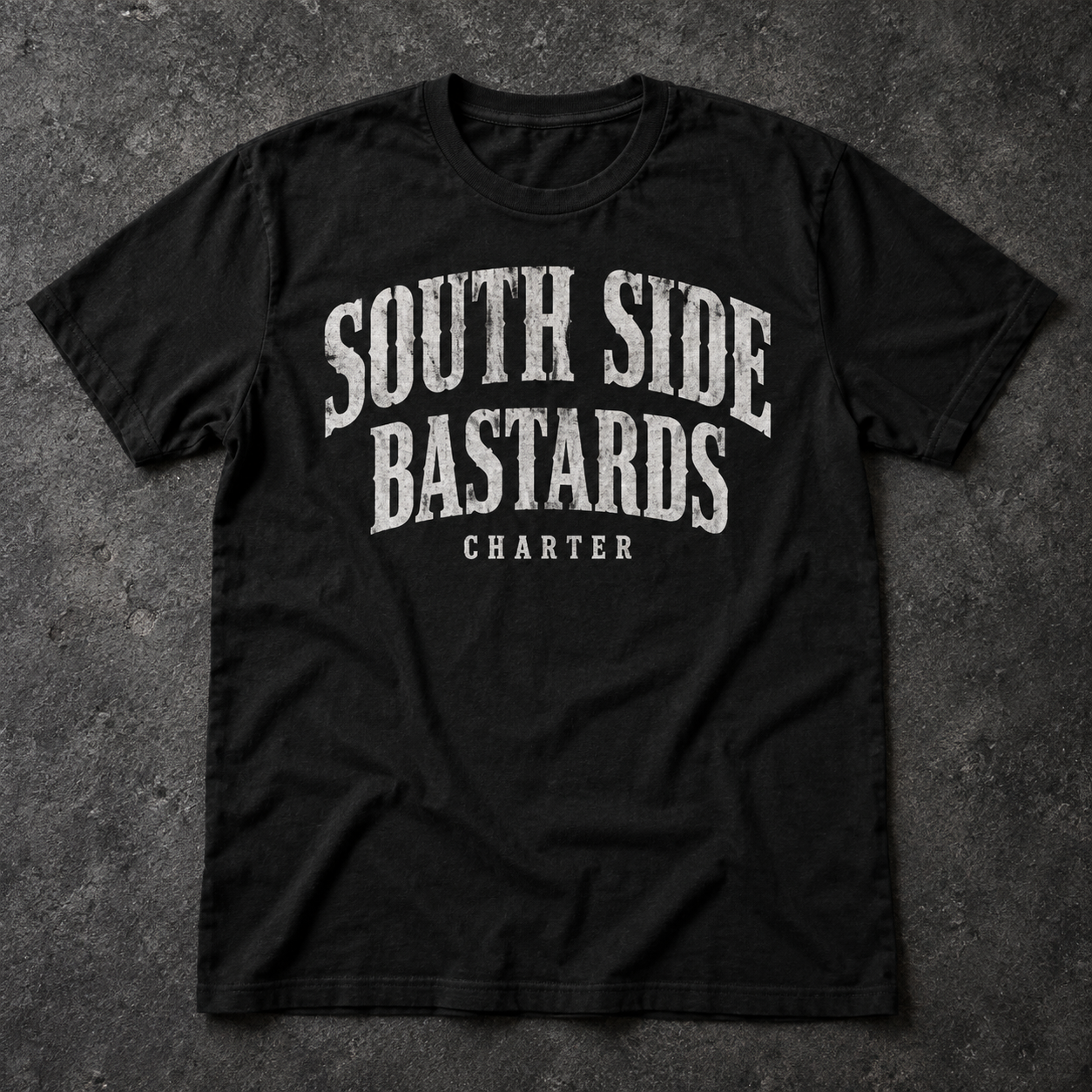 Placeholder: black shirt with South Side Bastards lettering. Final artwork to come.